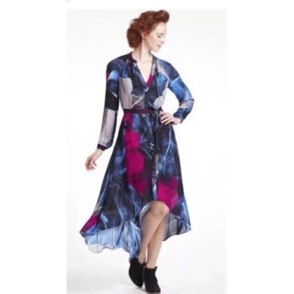 LEIFSDOTTIR Anthropologie 100% SILK Blue FLORAL DRESS Size4 Flaw.   Y - Picture 1 of 12